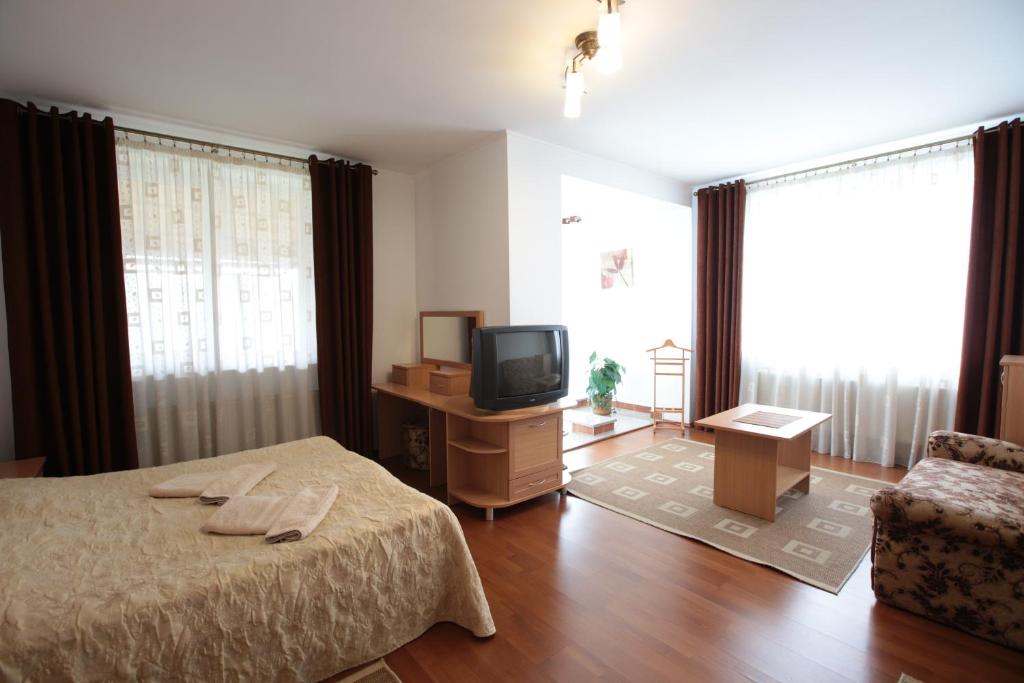 特鲁斯卡韦茨Апартаменти в центрі Трускавця的一间卧室配有一张床、一台电视和一张沙发