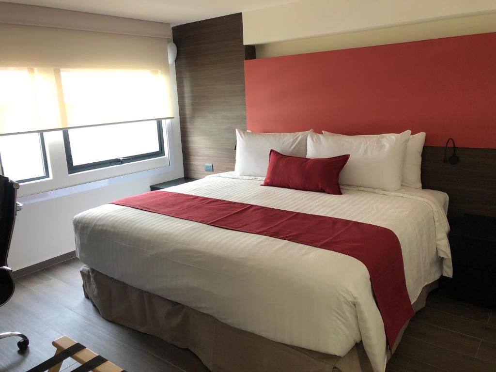 墨西哥城MC Suites Mexico City的一间卧室设有一张红色墙壁的大床
