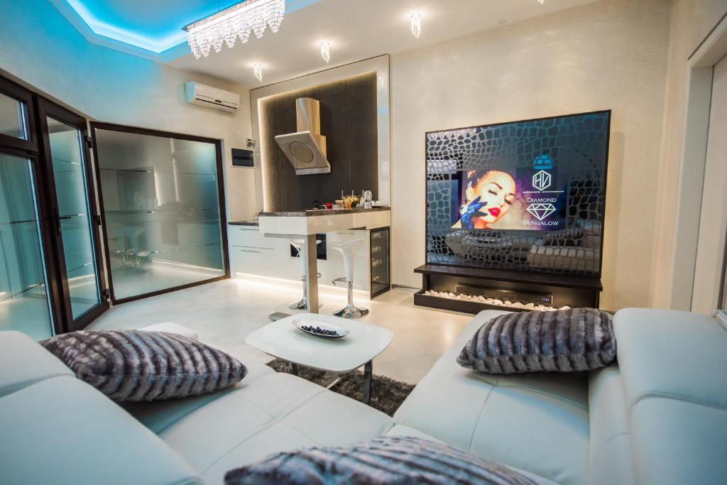 阿拉德H & V Residence - Diamond Bungalow Apartment的客厅配有白色沙发和壁炉