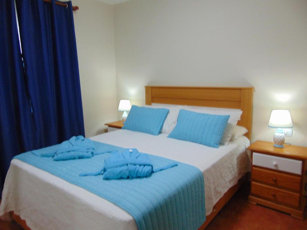 CarrizalApatamento Aeropuerto 1的一间卧室配有一张带蓝色枕头的床。
