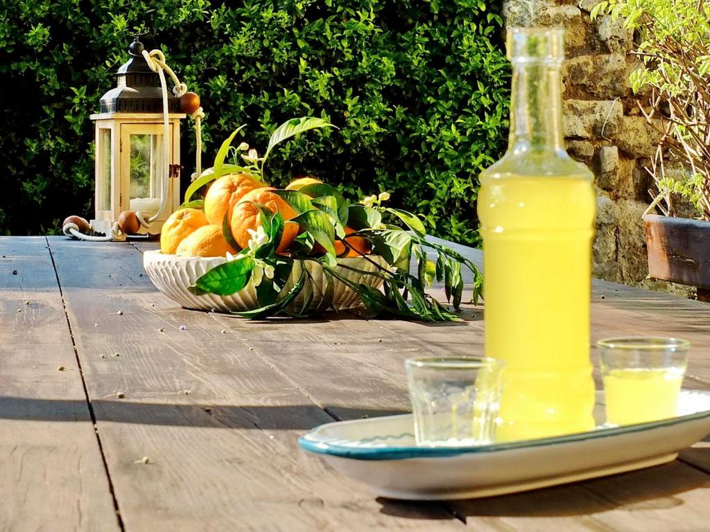 梅塔艾利萨别墅住宿加早餐酒店的桌上的一瓶果汁和一盘水果