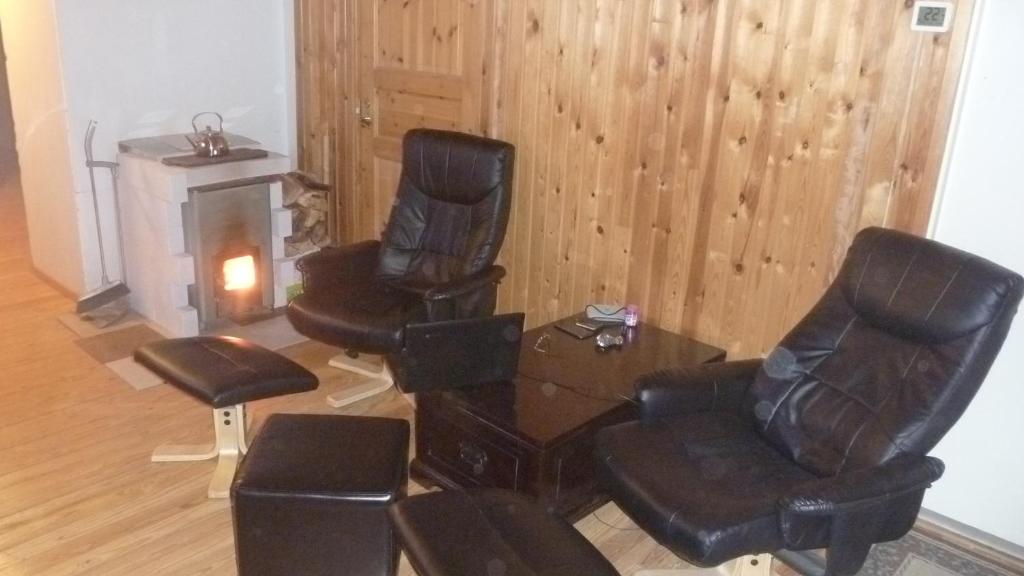 瓦尔考斯Hostel Varkaus的客厅配有两把椅子和一张桌子