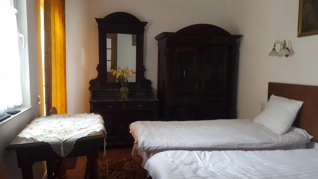 特鲁斯卡韦茨Room in An Old House的一间卧室配有两张床、一个梳妆台和镜子