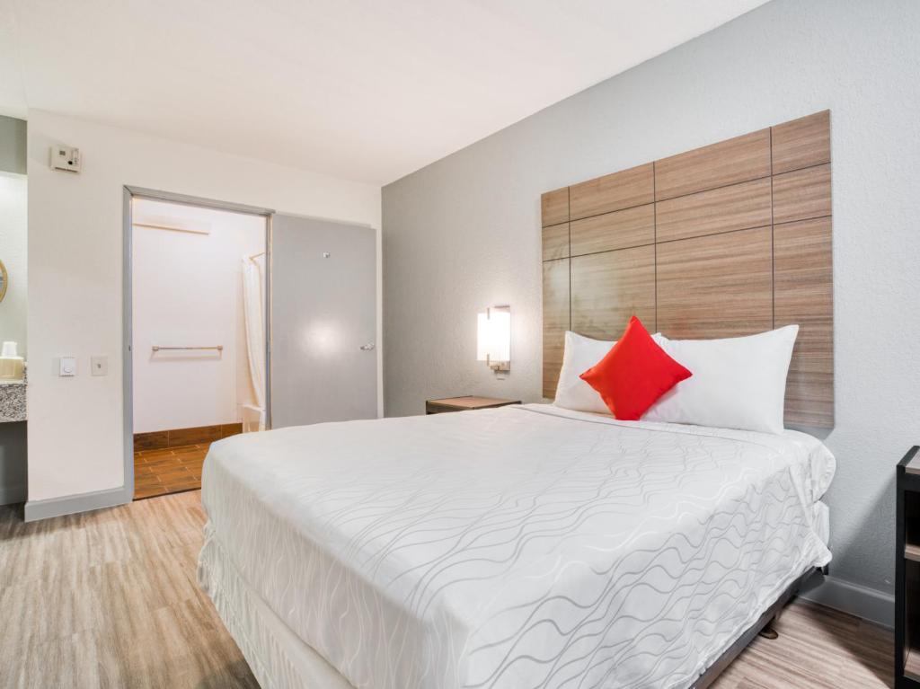达拉斯Dallas Love Field Inn的酒店客房配有一张带红色枕头的大床