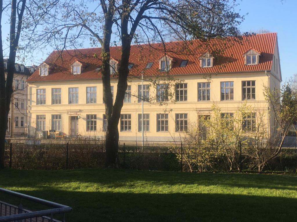 格赖夫斯瓦尔德Apartment Schloss Benrath的一座白色的大建筑,有红色的屋顶