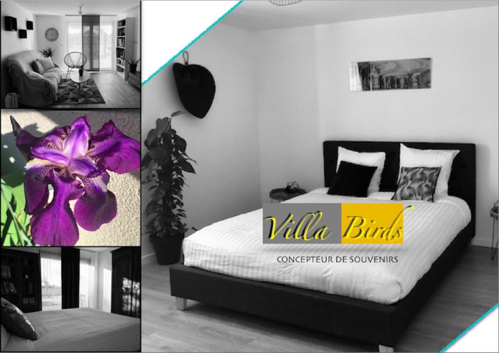 Boran-sur-OiseVILLA BIRDS的一间卧室,床上有紫色花