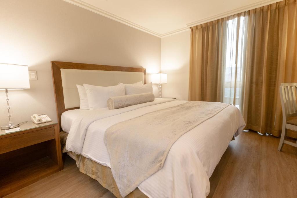 蒙特雷安塔利斯辛特梅克斯酒店的酒店客房设有一张大床和一张书桌。