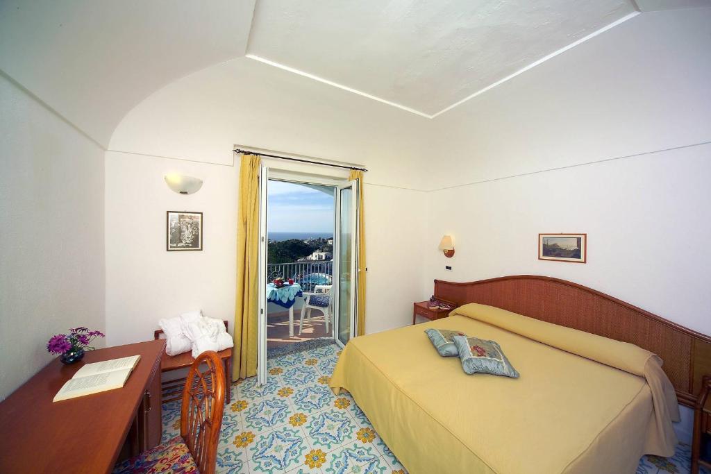 伊斯基亚特里萨温泉别墅酒店的一间卧室配有一张床、一张书桌和一个窗户。