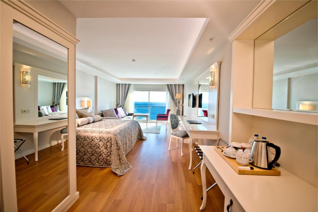 安塔利亚Prime Boutique Hotel的配有一张床和一张书桌的酒店客房