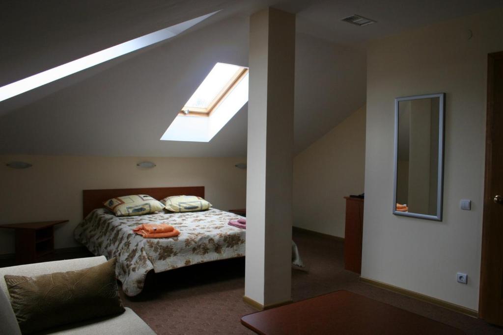 利沃夫Bumerang Hotel的一间卧室配有一张床和天窗