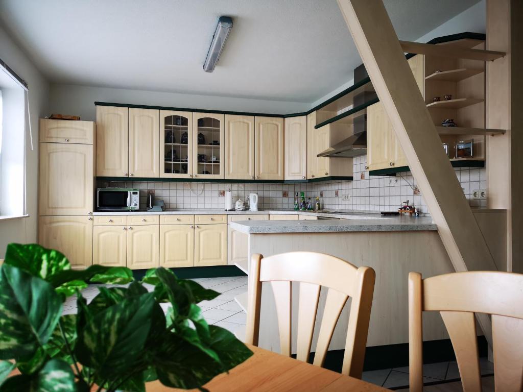 爱尔福特Gaestehaus Remde的厨房配有白色橱柜、桌子和植物