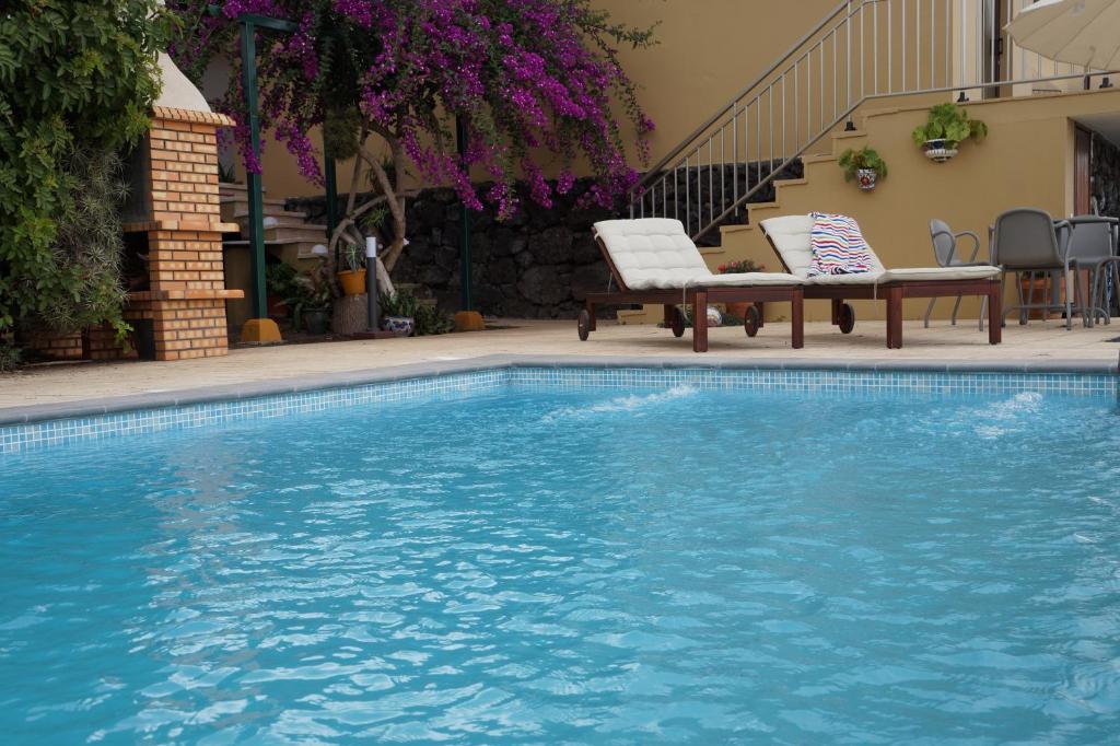 埃尔帕索Casa Aloe的游泳池旁设有两把椅子和长凳