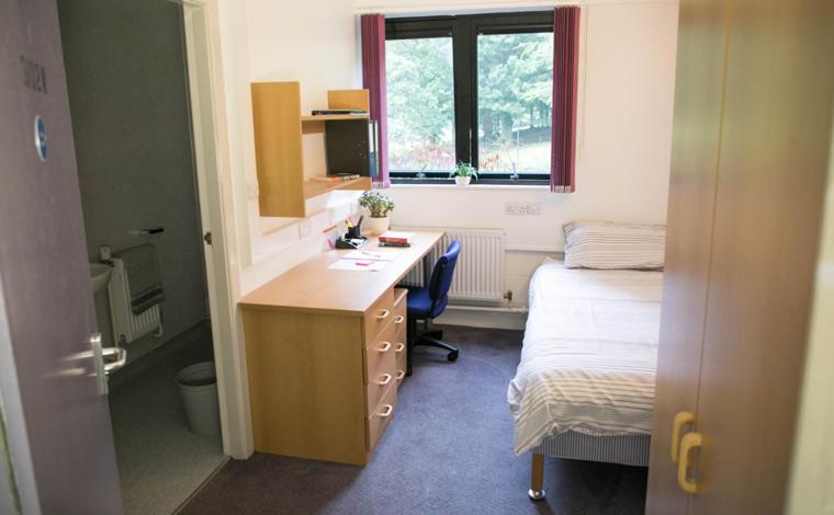 斯特灵Andrew Stewart Hall的一间卧室配有书桌、床和窗户。