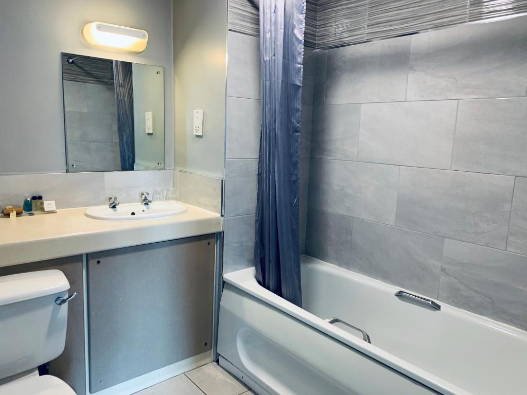 班布里奇The Bannville Hotel的浴室配有盥洗盆、卫生间和浴缸。
