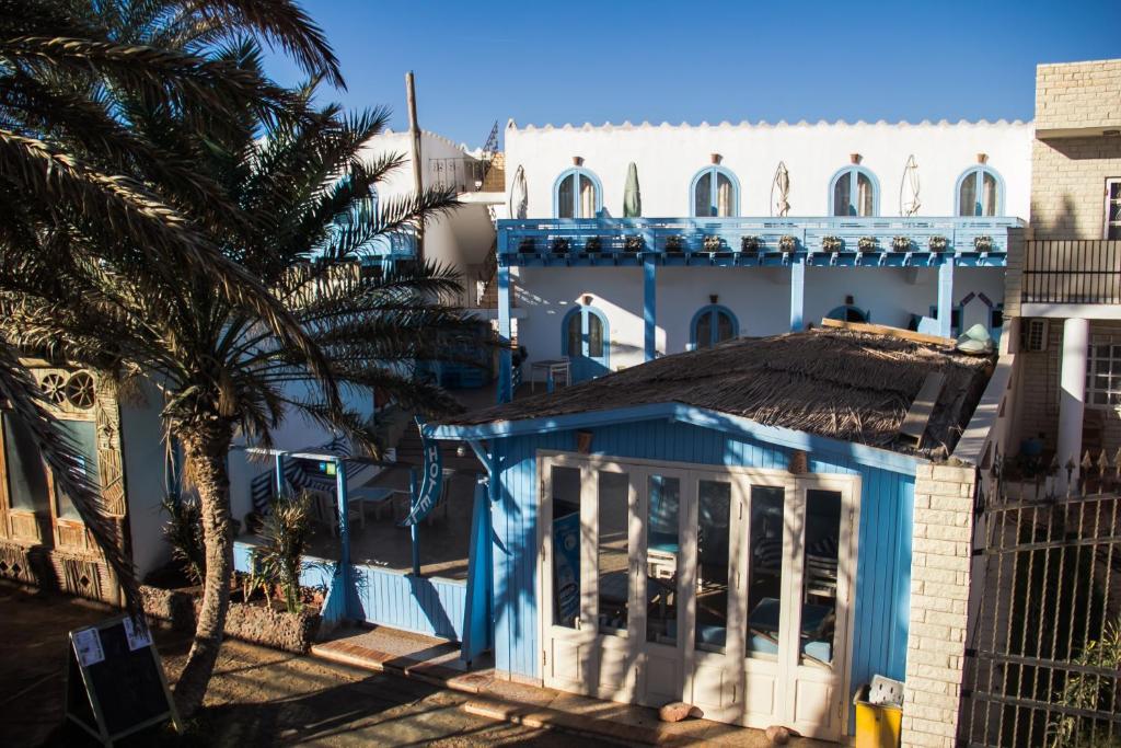达哈布达哈布艾尔普里莫酒店的前面有棕榈树的蓝色房子