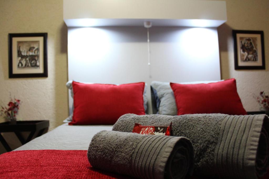 波切夫斯特鲁姆Spruitjie-roer-my-nie的一间卧室配有红色枕头的床