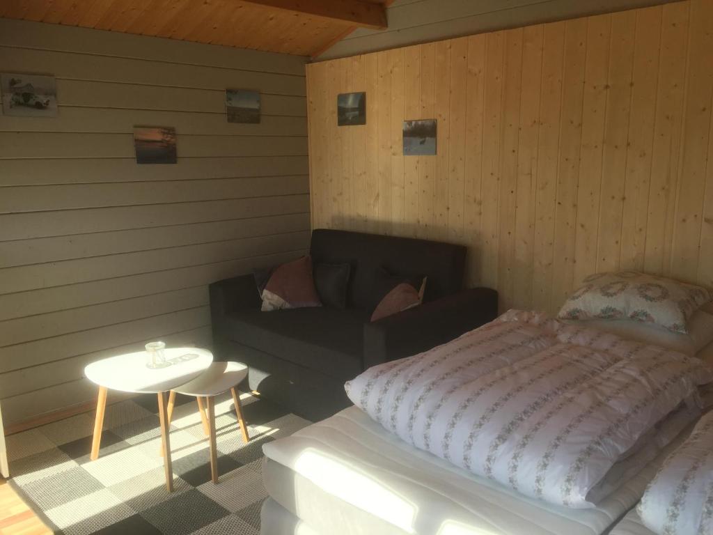 Hammarstrand2/4 persoons stuga lyx的一间卧室配有一张床、一张沙发和一张桌子