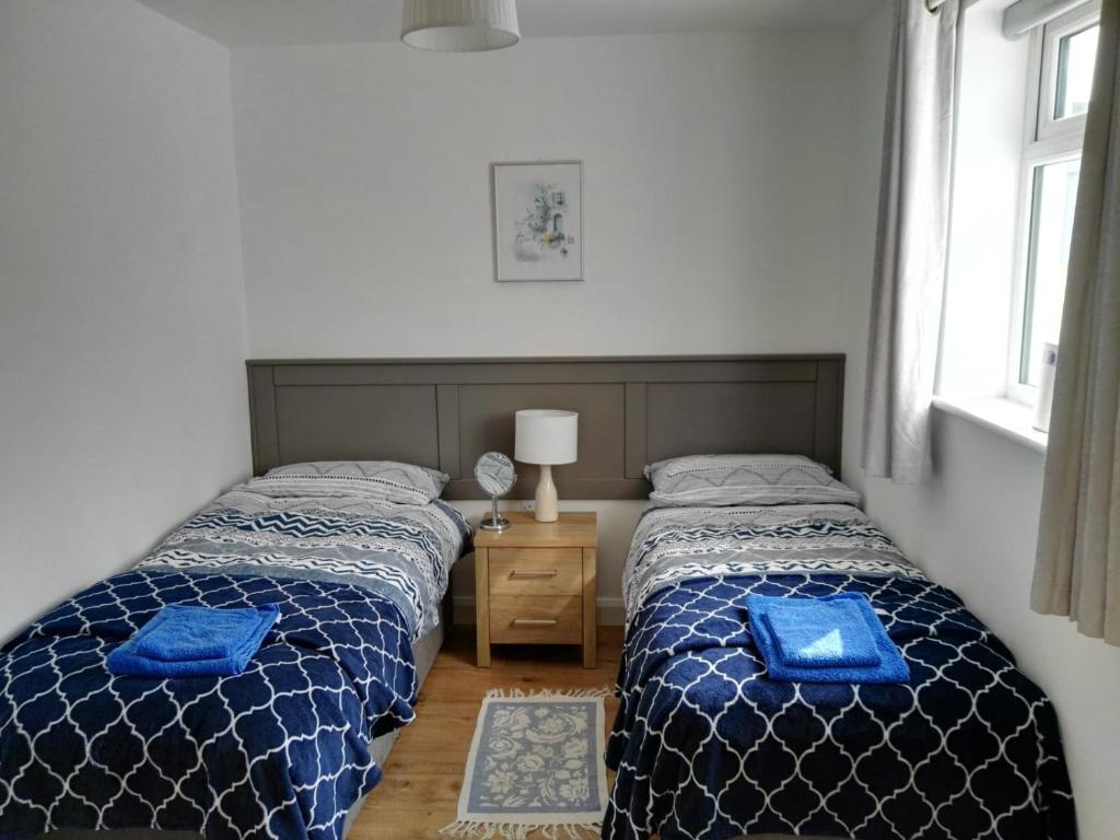 康镇Elm Cottage的卧室内的两张床,配有蓝色枕头