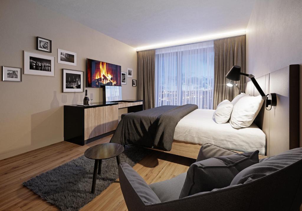 比尔森Avenue Pallova 28的一间酒店客房,配有一张床和一台电视