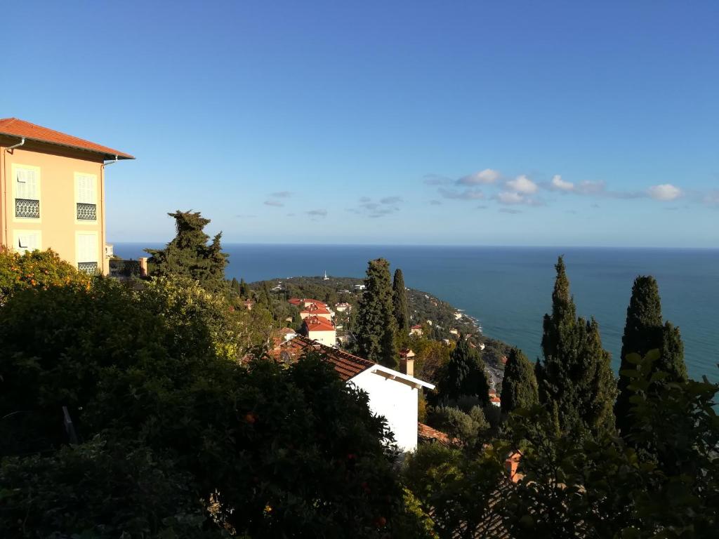罗克布吕讷-卡普马丹Monaco's Cottage & Spa的一座山丘上的房屋,背景是大海