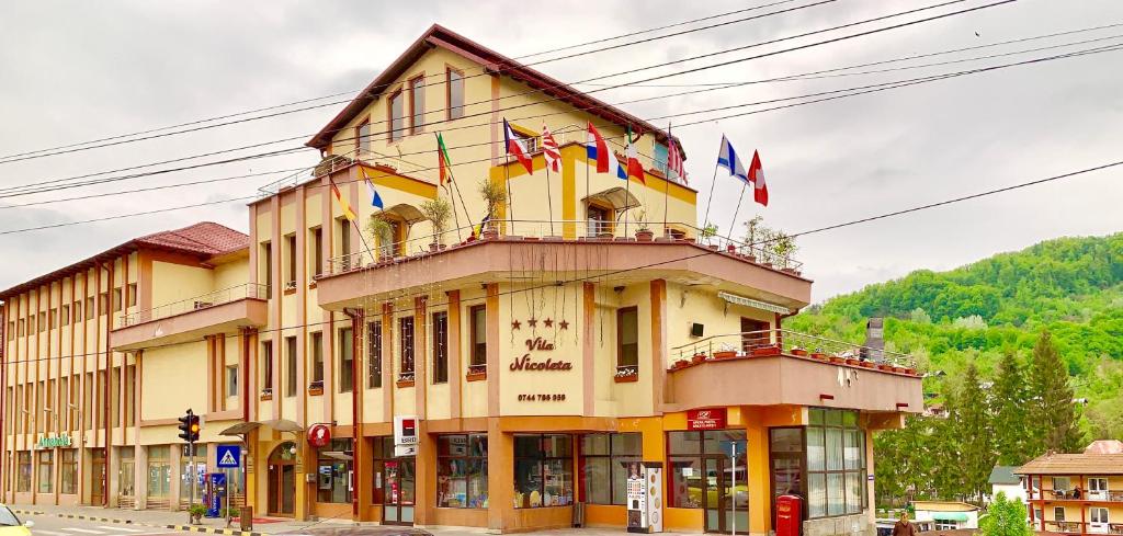 百乐·奥拉内斯蒂Vila Nicoleta的上面有旗帜的黄色建筑