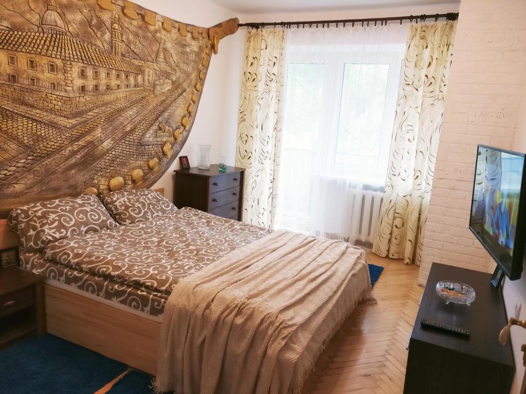 利沃夫Very nice Apartment in L'viv的一间卧室设有一张床、一台电视和一个窗口。