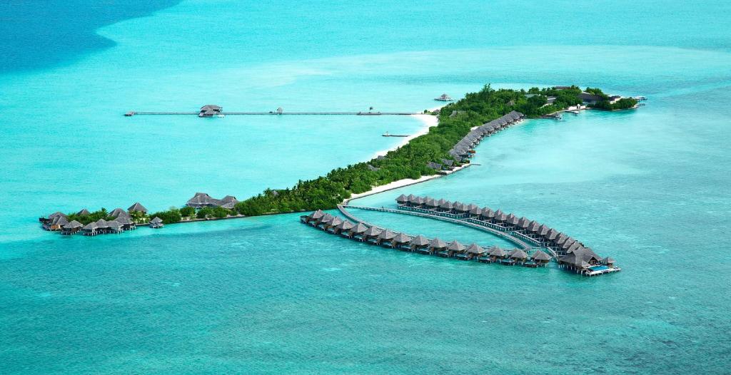 南马累环礁Taj Exotica Resort & Spa的海洋中的岛屿,在水中有一个码头