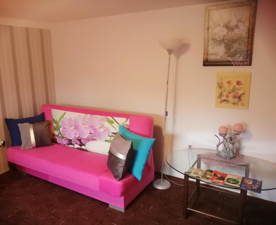 波莫瑞地区德拉夫斯科Apartament Wiki的客厅配有粉红色的沙发和玻璃桌