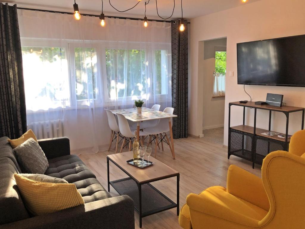 波兹南Apartament Swoboda的客厅配有沙发和桌子