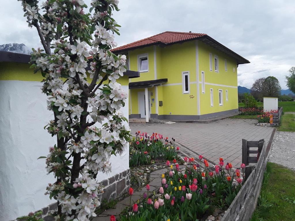法克湖Apartments Steger的前面有鲜花的黄色房子