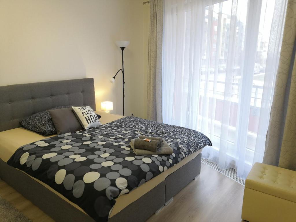 布拉格H+ Apartman Letiště Praha的一间卧室设有一张大床和大窗户