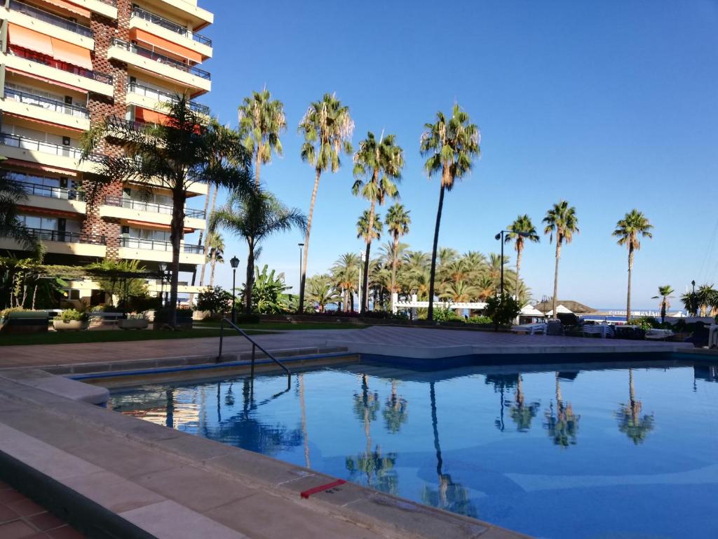 多列毛利诺斯Torremolinos Beach Apartment的棕榈树建筑前的游泳池