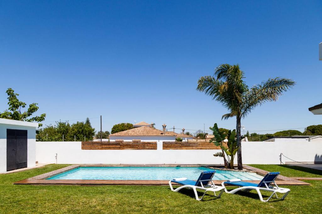 奇克拉纳－德拉弗龙特拉Villa La Barrosa的一个带两把椅子的游泳池,一个棕榈树