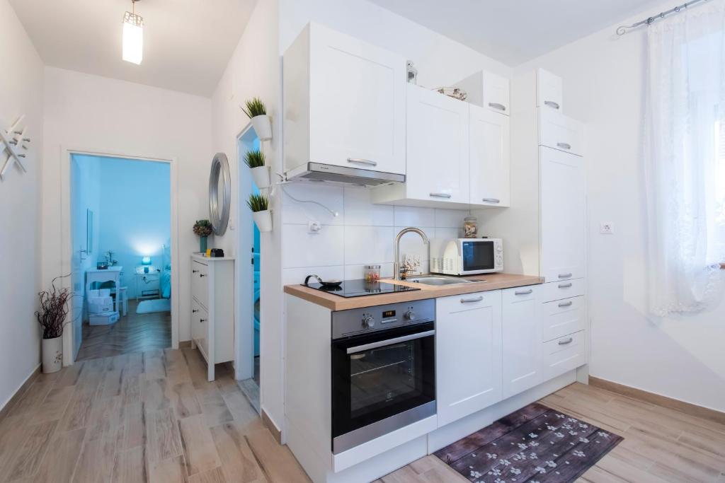 卡利Kaleta apartman的厨房配有白色橱柜、水槽和炉灶。