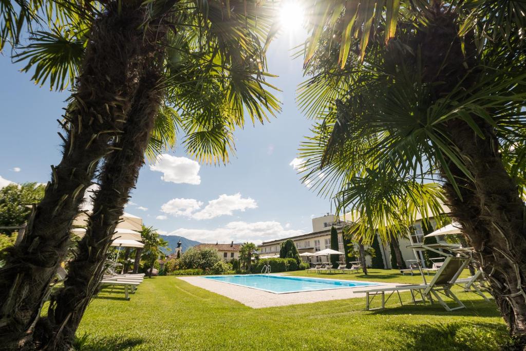 阿皮亚诺苏拉斯特拉达曼德尔霍夫***S酒店的游泳池位于两棵棕榈树之间