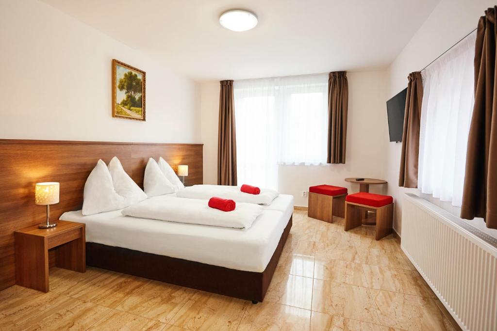 泽勒兹纳·鲁达Apartmány Nad Rybníkem的配有红色枕头的床的酒店客房