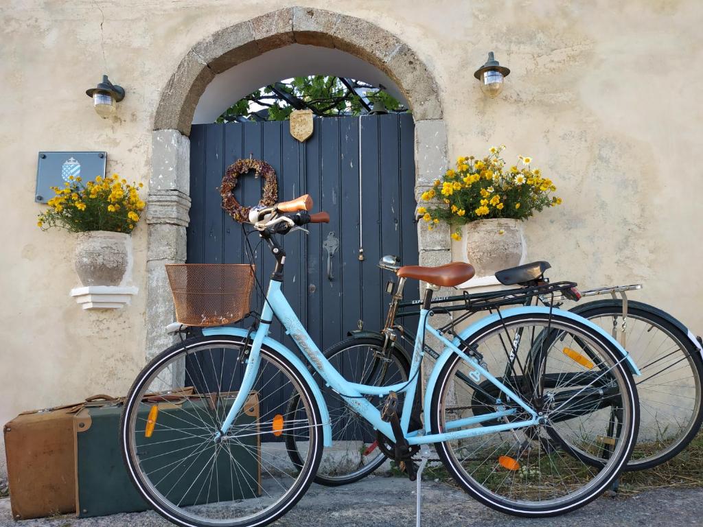 KarvounádhesDonQuihotel Chalet的停在门口的蓝色自行车