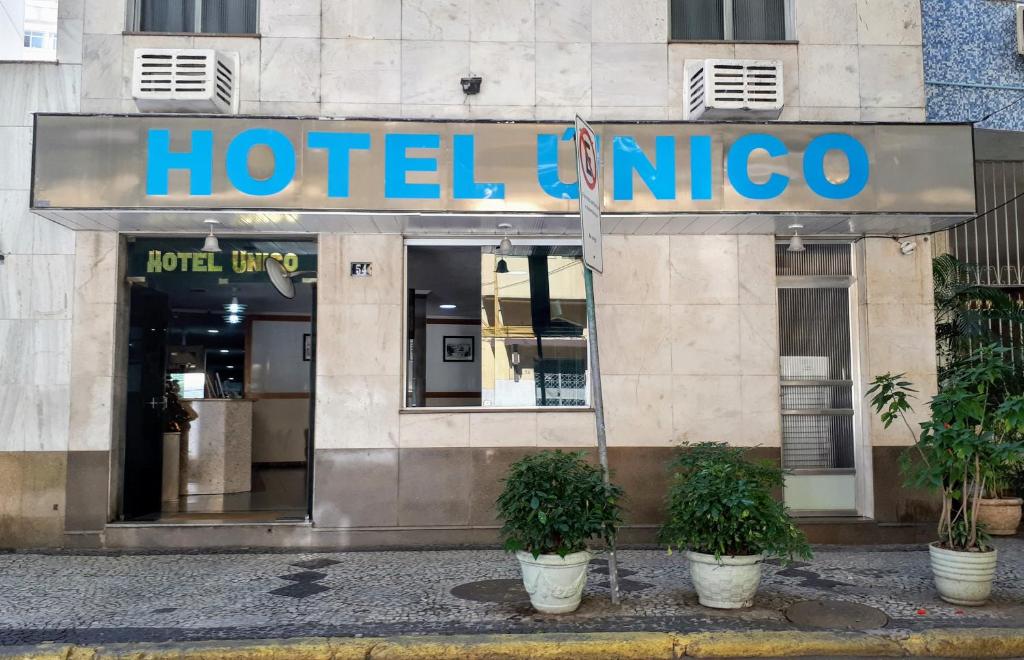 里约热内卢尤尼克酒店的入口处,前面有两株盆栽植物