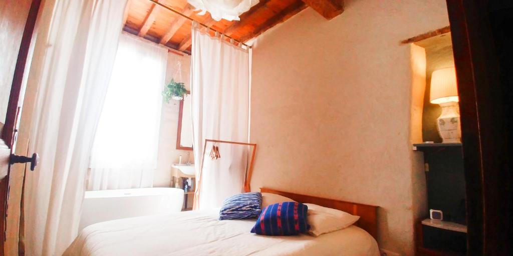 阿尔勒At Home in Arles的卧室配有床、浴缸和窗户。