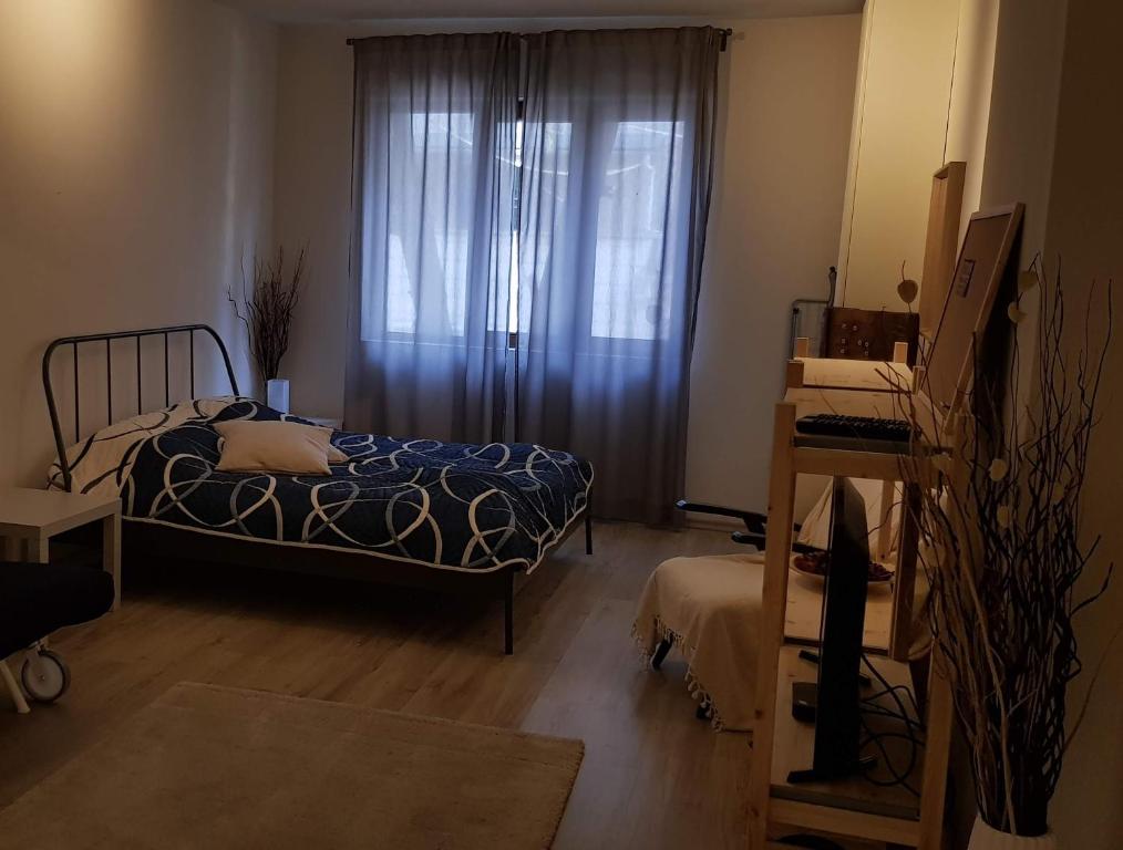 索非亚Red Door Apartment的一间卧室配有床和带窗帘的窗户