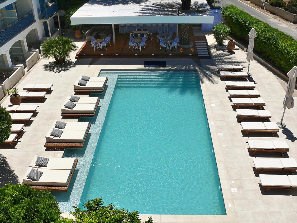 爱琴娜岛达娜厄酒店的享有带躺椅和椅子的游泳池的顶部景致