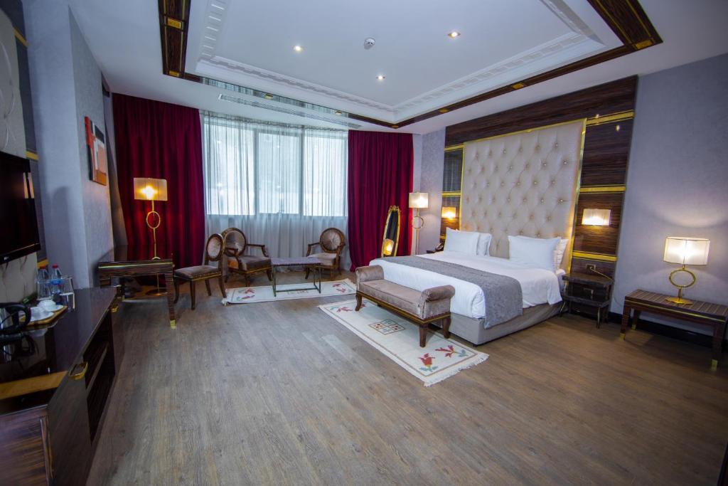 巴库蓝宝石大酒店的大型酒店客房设有床和电视。