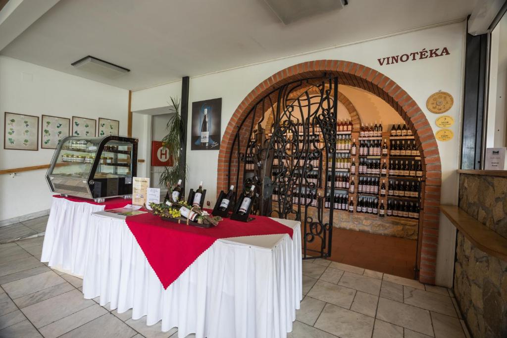 KobylíPenzion Patria Kobyli的一间酒庄,里面设有两张桌子和瓶装葡萄酒