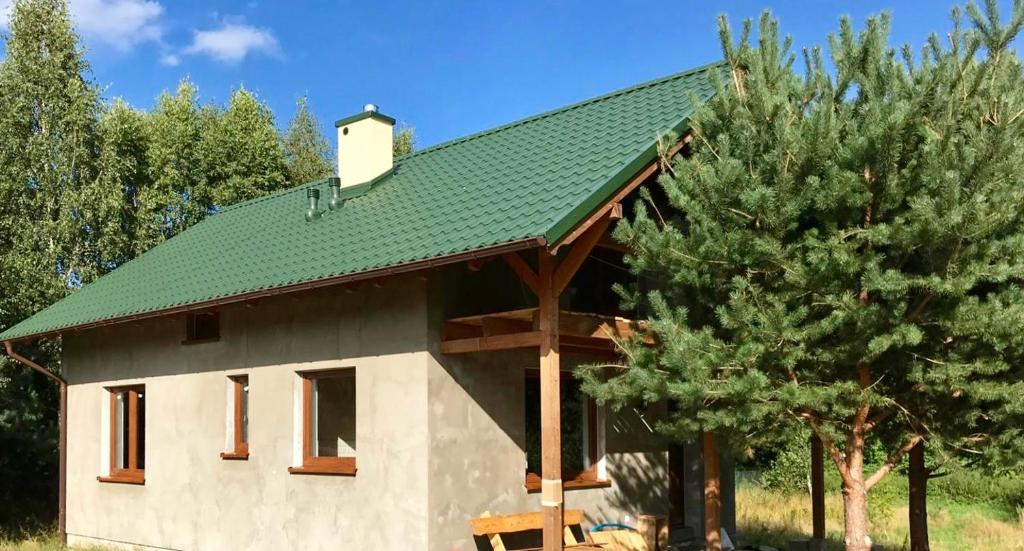 鲁比亚托沃Leśny zakatek的一座带绿色屋顶和两棵树的房子