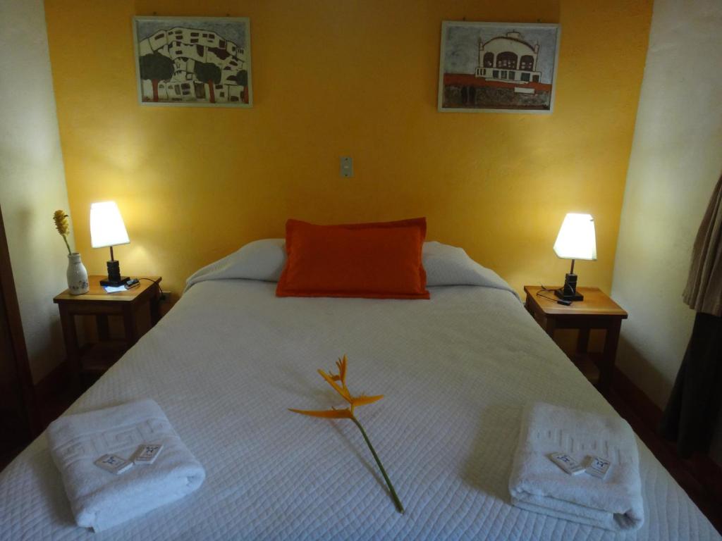 格拉纳达卡萨巴塞罗那酒店的一间卧室配有一张床、两条毛巾和两盏灯。