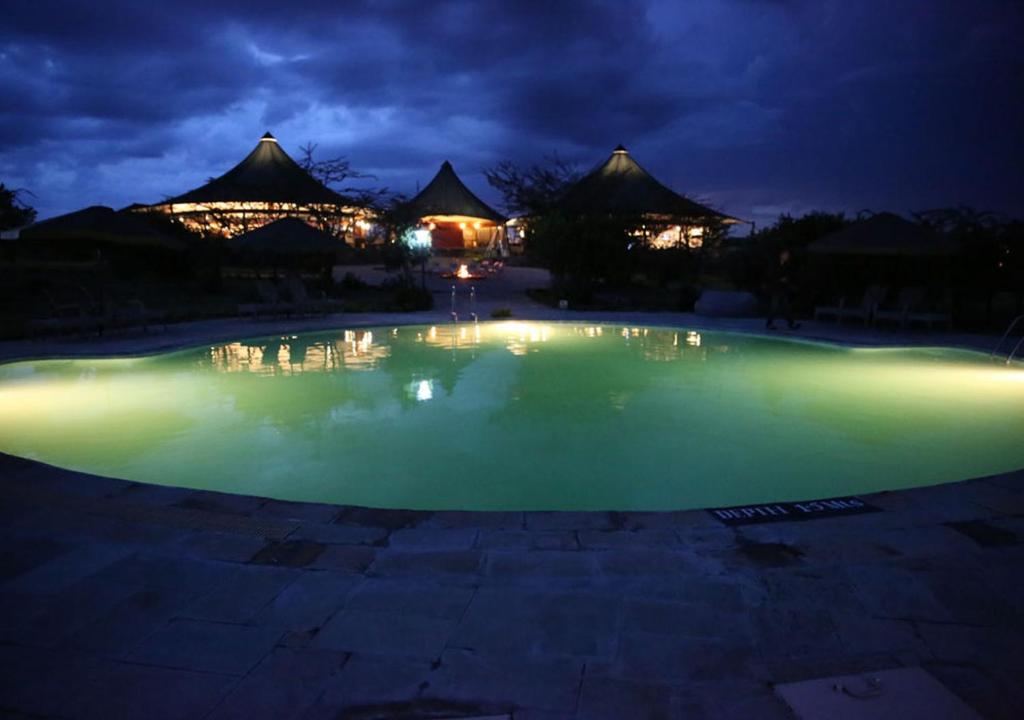 塔勒克马赛马拉AA酒店的夜晚的绿色水池,小屋背景