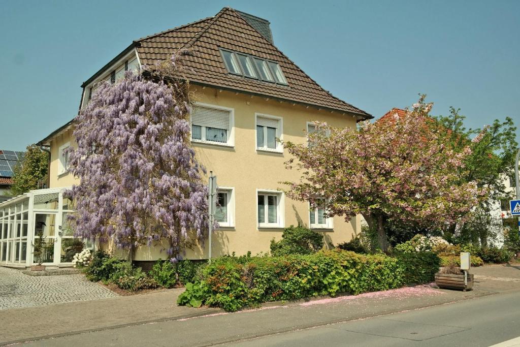 瓦尔堡Pension Franzbäcker的前面有紫色花卉的房屋