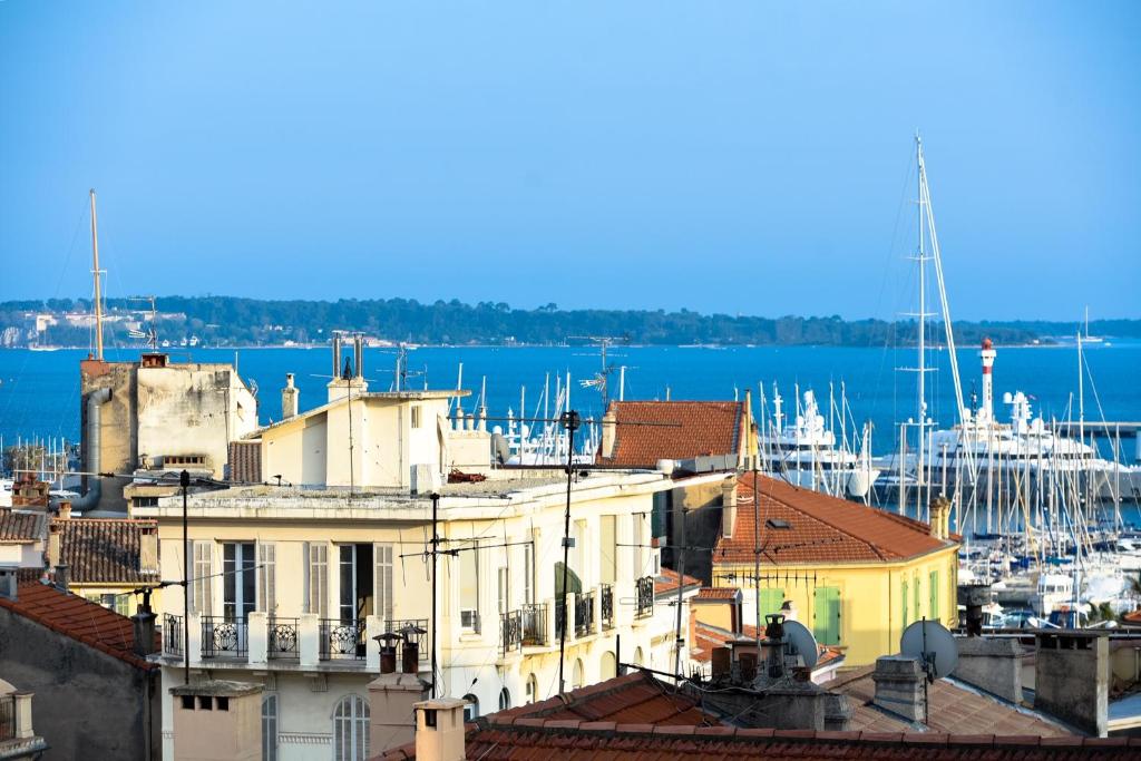 戛纳appartement vue mer的海港和船只的城市景观