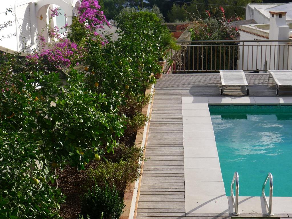 卡普里卡纳斯塔酒店的一座带木甲板的游泳池,位于一座房子旁边