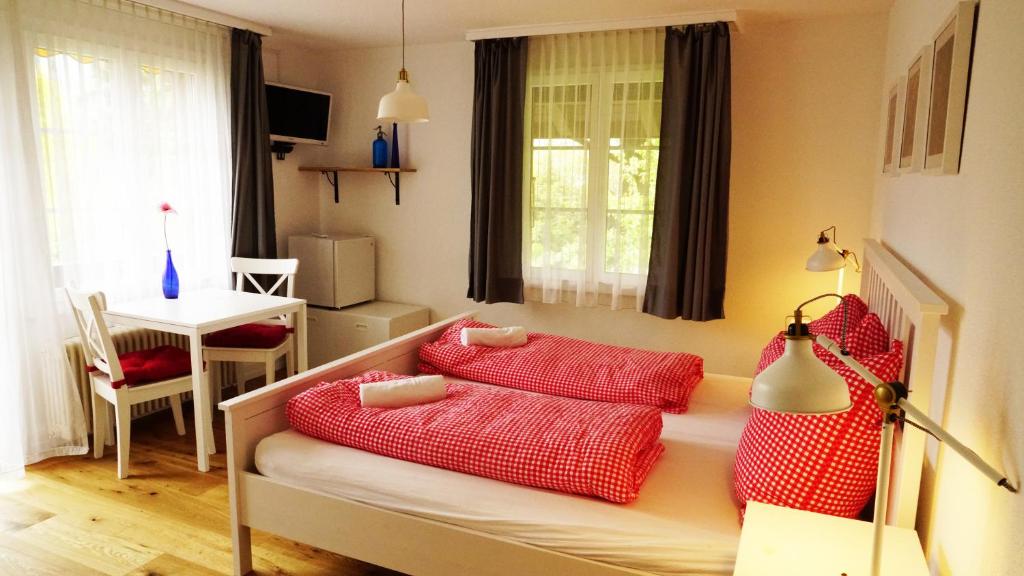 因特拉肯Adventure Guesthouse Interlaken的一间卧室配有一张带红色枕头的床